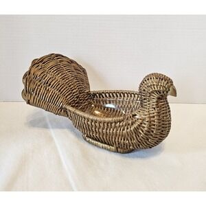 Vintage Woven Wicker Rattan MCM Bird Centerpiece Planter